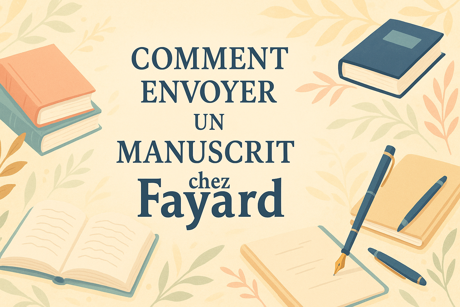 Illustration de livres, d'une plume et d'un carnet avec le titre 'Comment envoyer un manuscrit chez Fayard'.