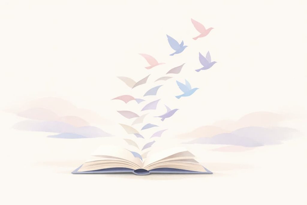 Livre ouvert avec des oiseaux stylisés qui s’envolent, illustration minimaliste aux tons pastel sur fond crème.