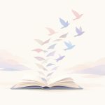 Livre ouvert avec des oiseaux stylisés qui s’envolent, illustration minimaliste aux tons pastel sur fond crème.