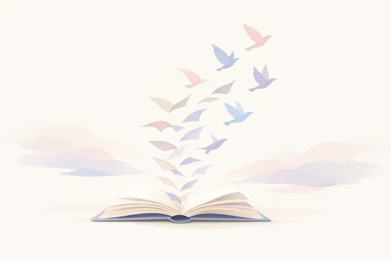 Livre ouvert avec des oiseaux stylisés qui s’envolent, illustration minimaliste aux tons pastel sur fond crème.