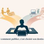 Illustration auteur face à un choix : édition traditionnelle avec libraire professionnel à gauche, ou édition à compte d'auteur avec paperasse à droite. Texte : Choisir comment publier, c'est choisir son destin d'auteur.