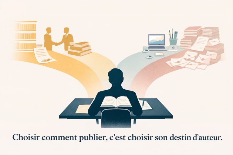 Illustration auteur face à un choix : édition traditionnelle avec libraire professionnel à gauche, ou édition à compte d'auteur avec paperasse à droite. Texte : Choisir comment publier, c'est choisir son destin d'auteur.