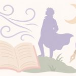 Illustration caractéristiques du romantisme - figure romantique au clair de lune avec livre ouvert