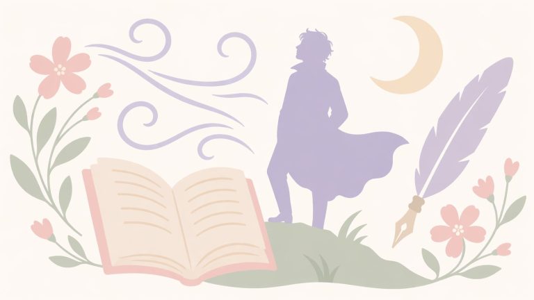 Illustration caractéristiques du romantisme - figure romantique au clair de lune avec livre ouvert