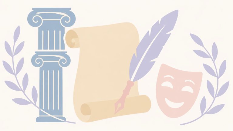 Illustration mouvement littéraire 17ème siècle - colonne classique, parchemin et masque de théâtre