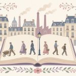 illustration du réalisme mouvement littéraire — livre ouvert et silhouettes XIXe siècle