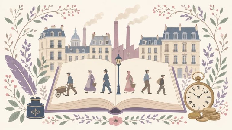 illustration du réalisme mouvement littéraire — livre ouvert et silhouettes XIXe siècle