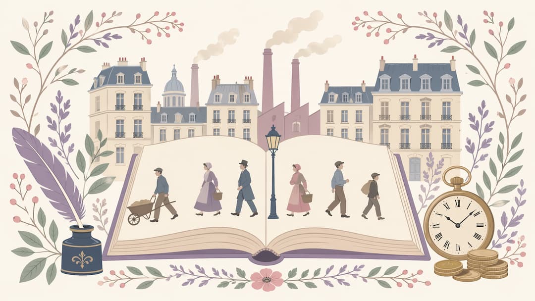 illustration du réalisme mouvement littéraire — livre ouvert et silhouettes XIXe siècle