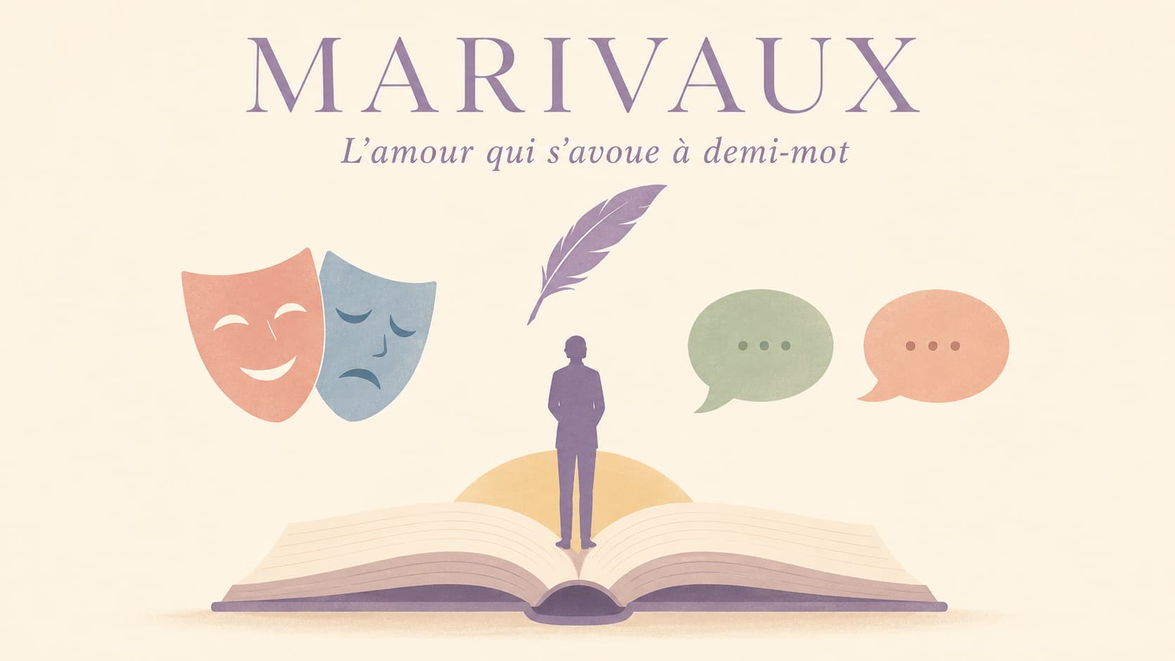 Marivaux mouvement littéraire — illustration conceptuelle du marivaudage avec masques de théâtre et bulles de dialogue