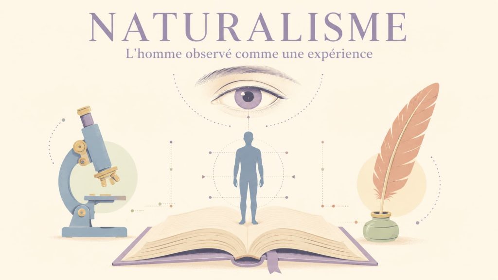 Illustration conceptuelle du naturalisme — silhouette humaine observée par un œil scientifique au-dessus d'un livre ouvert