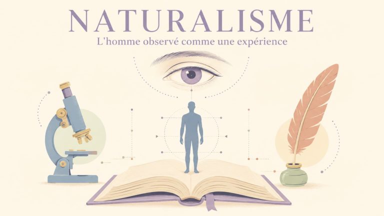 Illustration conceptuelle du naturalisme — silhouette humaine observée par un œil scientifique au-dessus d'un livre ouvert