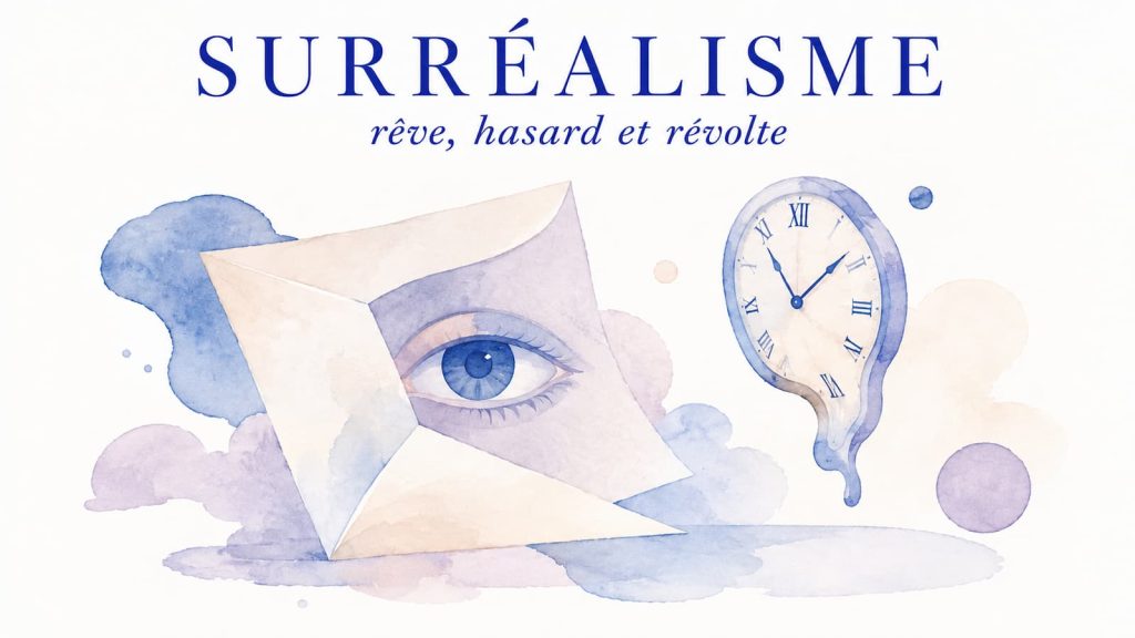 Illustration aquarelle du surréalisme, mouvement littéraire : œil onirique, horloge molle et lettre dépliée