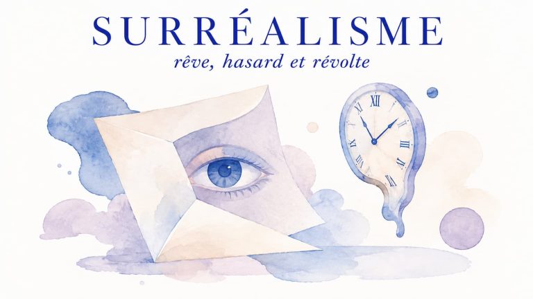 Illustration aquarelle du surréalisme, mouvement littéraire : œil onirique, horloge molle et lettre dépliée