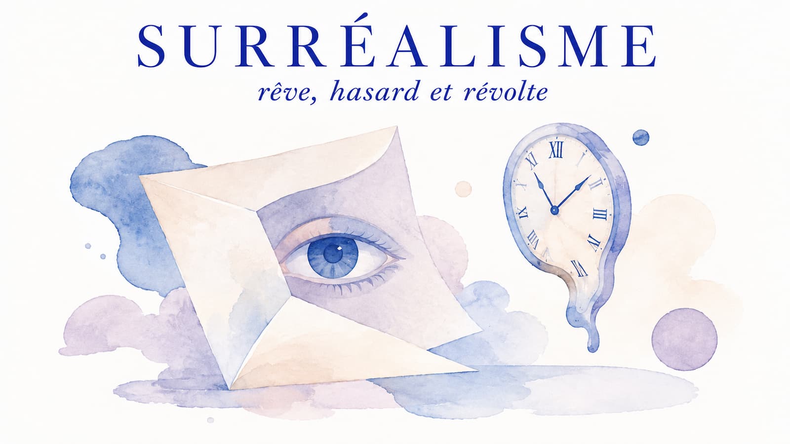 Illustration aquarelle du surréalisme, mouvement littéraire : œil onirique, horloge molle et lettre dépliée