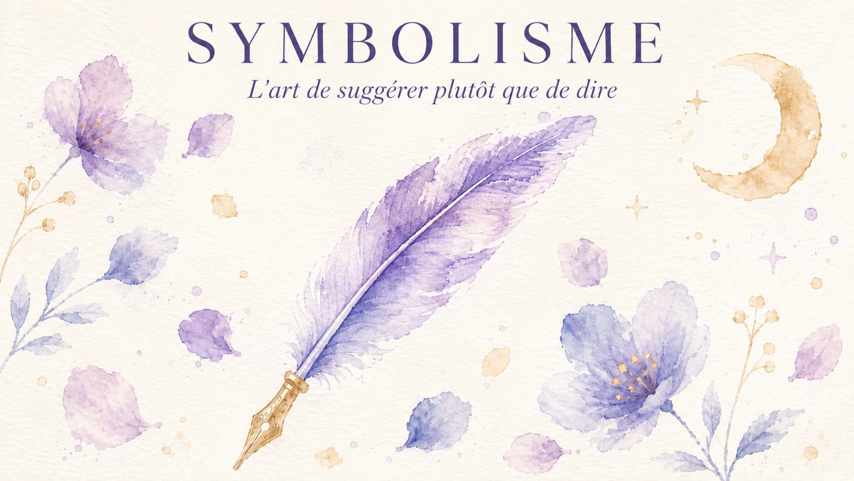 Le symbolisme, mouvement littéraire : plume et fleurs aquarelle en tons lavande