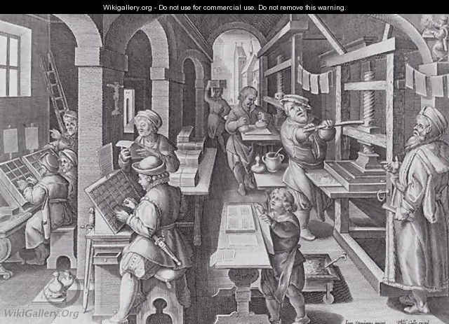 Gravure d'un atelier d'imprimerie au XVIe siècle, comme ceux de la rue Mercière