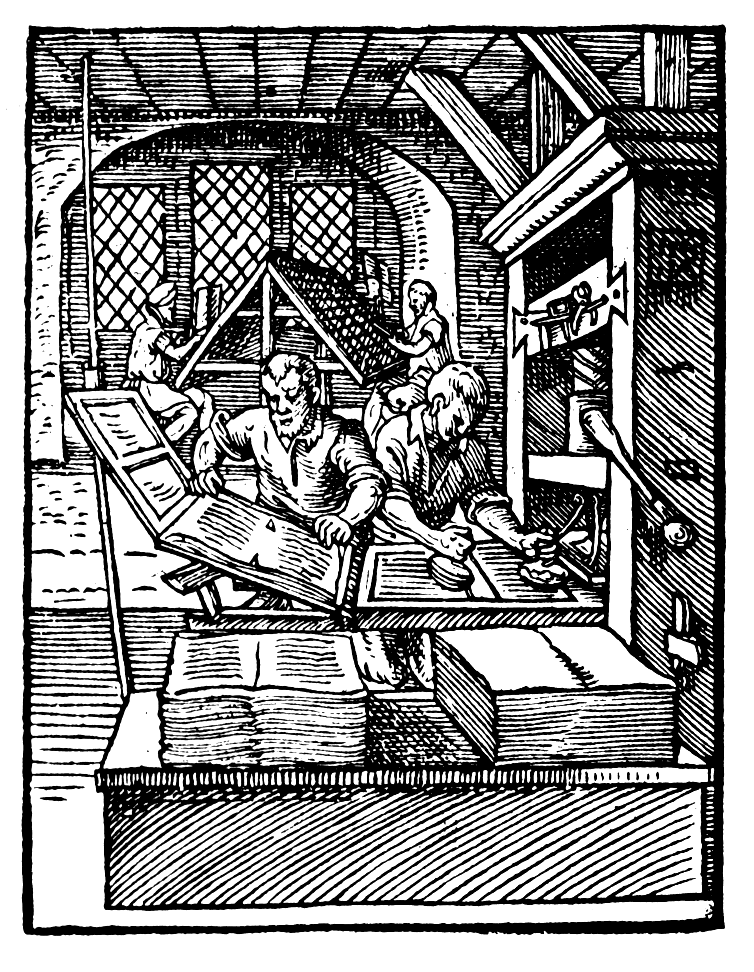 Atelier d'imprimerie en 1568, gravure de Jost Amman — l'imprimerie, moteur de l'humanisme mouvement littéraire