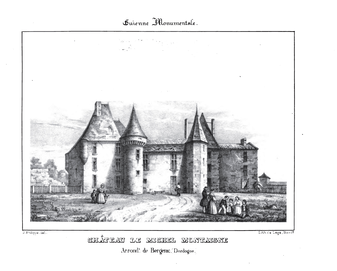 Le château de Montaigne et sa tour-librairie, gravure du XIXe siècle, lieu d'écriture des Essais