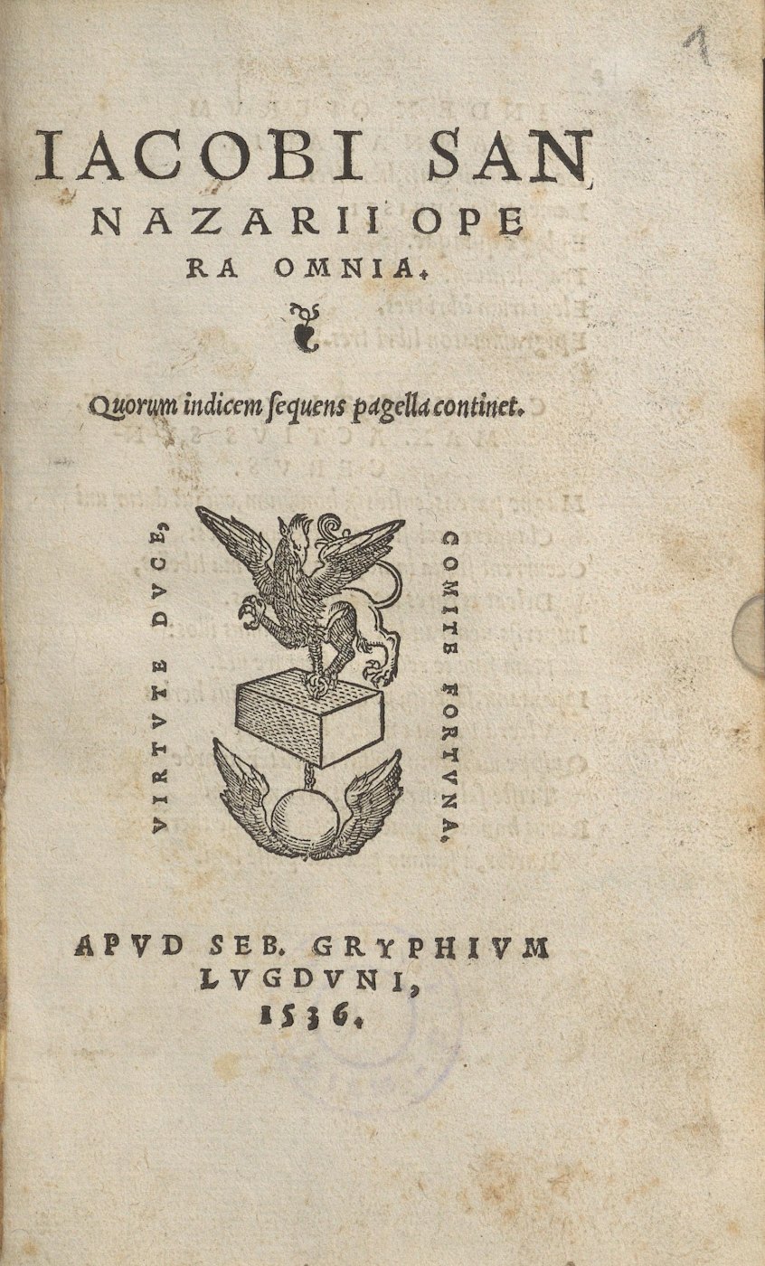 Page de titre imprimée par Sébastien Gryphe en 1536, avec sa marque au griffon