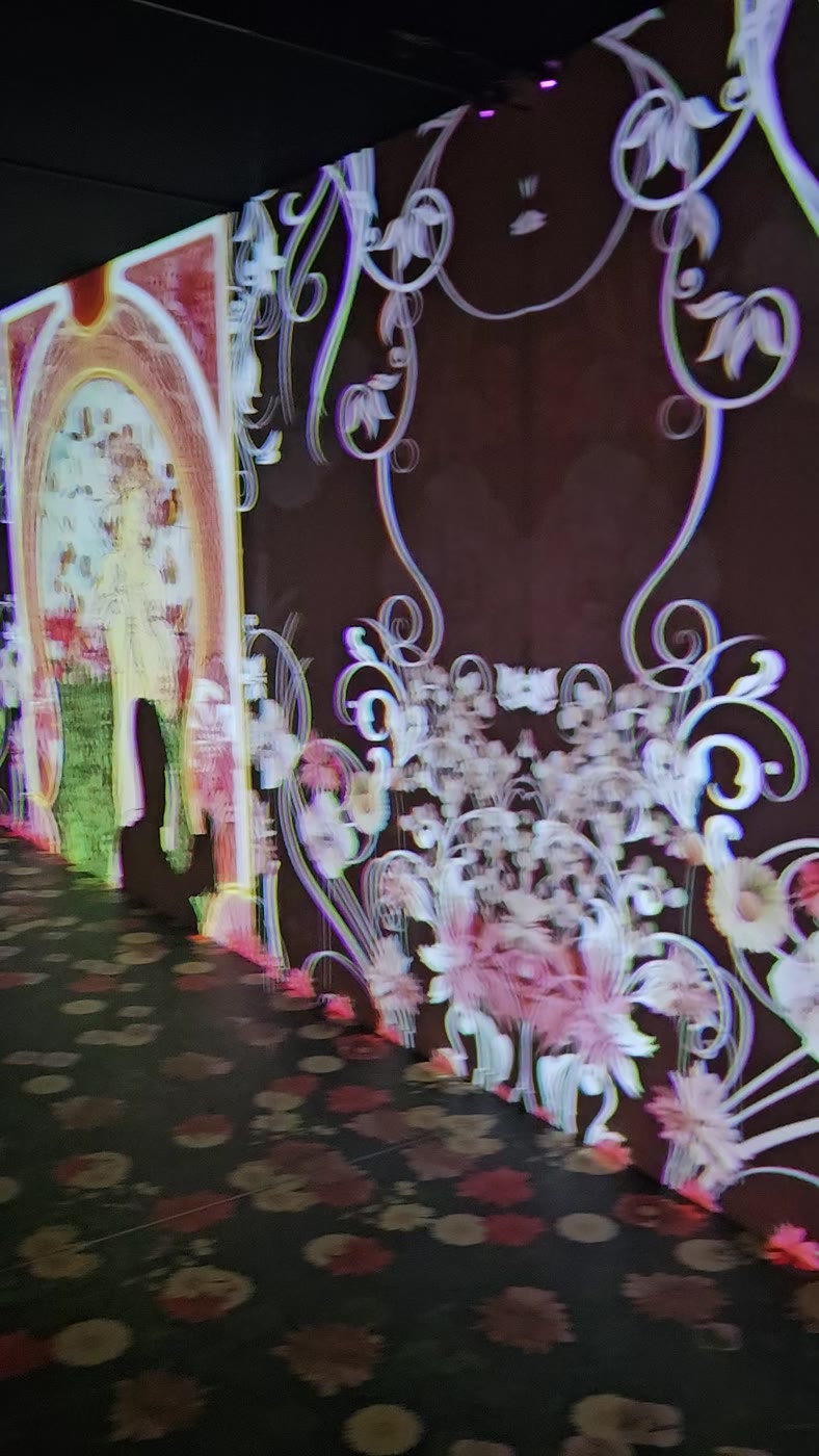 Salle immersive de l'exposition Mucha à Lyon, motifs Art nouveau projetés au mur et au sol